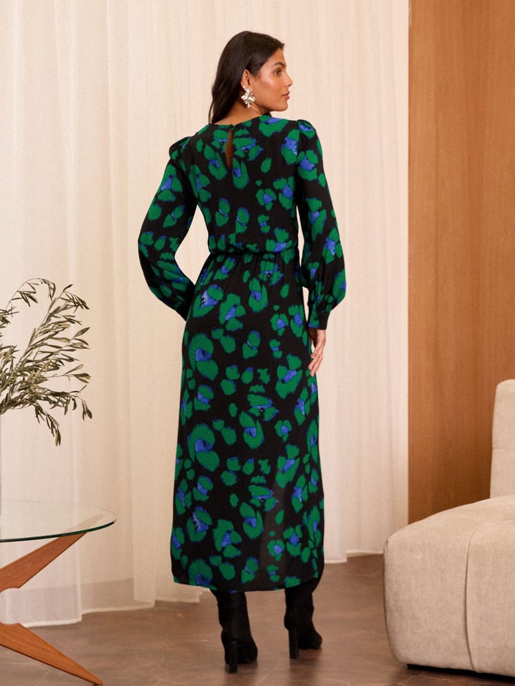 Love & Roses Black Animal Print Ruched Midi Dress - Image 2 of 4