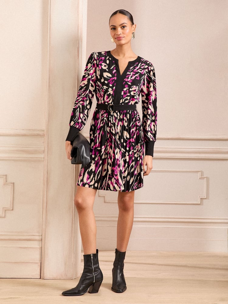 Love & Roses Berry Animal Printed Jersey Pleated Belt Detail Mini Dress - Image 1 of 4 Love & Roses Berry Animal Printed Jersey Pleated Belt Detail Mini Dress - Image 1 of 4