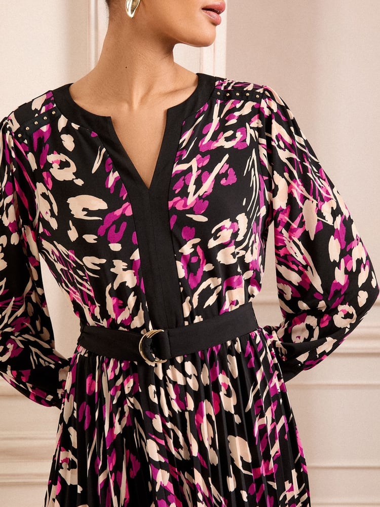 Love & Roses Berry Animal Printed Jersey Pleated Belt Detail Mini Dress - Image 2 of 4 Love & Roses Berry Animal Printed Jersey Pleated Belt Detail Mini Dress - Image 2 of 4