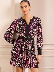 Love & Roses Berry Animal Printed Jersey Pleated Belt Detail Mini Dress - Image 3 of 4