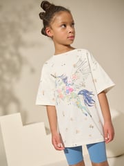 Blue/Ecru Floral Unicorn Oversized T-Shirt And Cycle Shorts Top & Shorts Set (3-16yrs) - Image 1 of 4