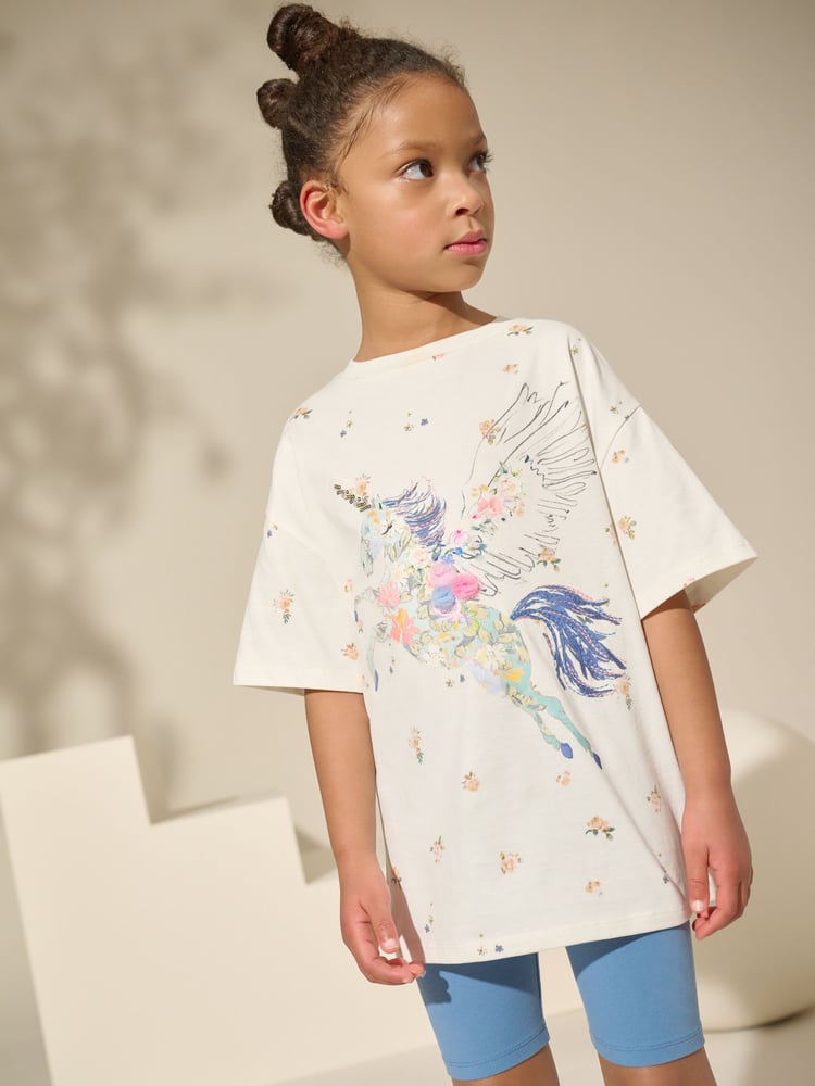 Blue/Ecru Floral Unicorn Oversized T-Shirt And Cycle Shorts Top & Shorts Set (3-16yrs) - Image 1 of 4