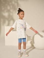Blue/Ecru Floral Unicorn Oversized T-Shirt And Cycle Shorts Top & Shorts Set (3-16yrs) - Image 2 of 4