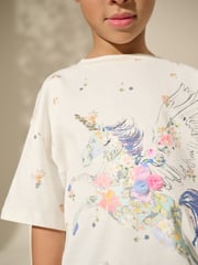 Blue/Ecru Floral Unicorn Oversized T-Shirt And Cycle Shorts Top & Shorts Set (3-16yrs) - Image 4 of 4