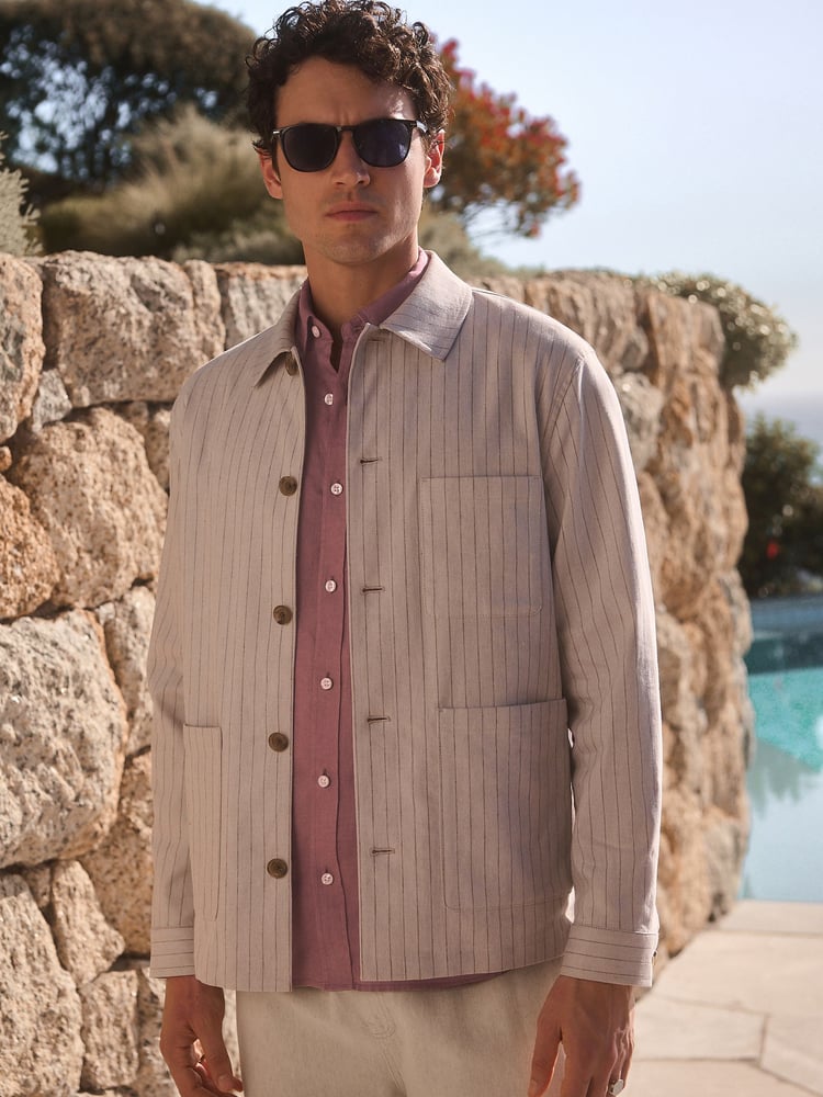 Neutral Striped Linen Blend Shacket - Image 1 of 12