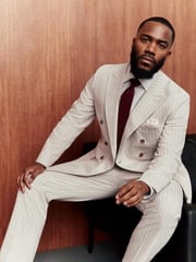 Neutral Striped Double Breasted Suit Jacket With Linen - Image 1 of 5