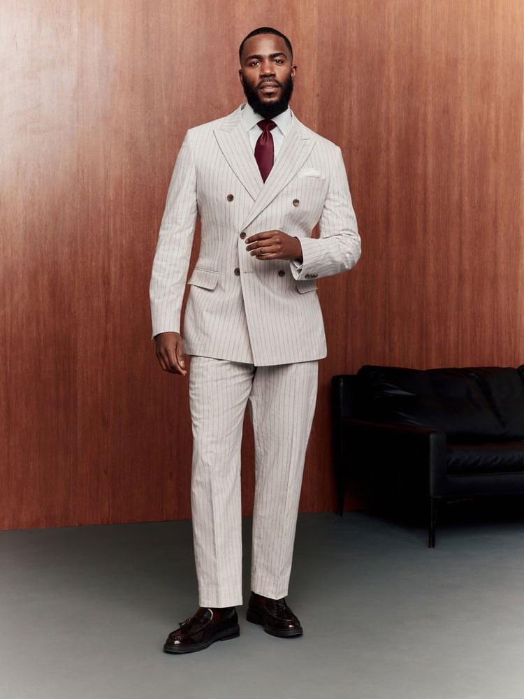 Neutral Striped Double Breasted Suit Jacket With Linen - Image 2 of 5