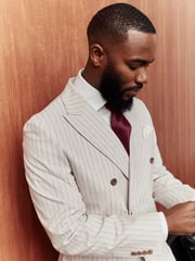 Neutral Striped Double Breasted Suit Jacket With Linen - Image 3 of 5