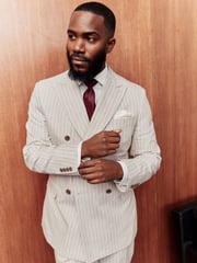 Neutral Striped Double Breasted Suit Jacket With Linen - Image 4 of 5