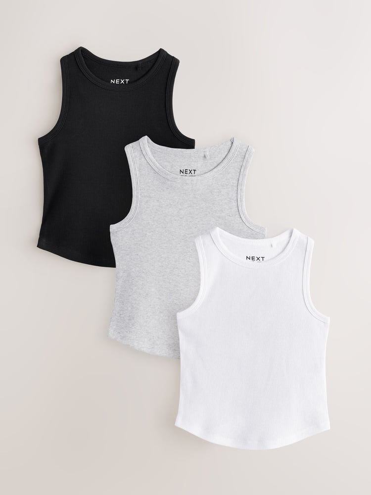 Black/White/Grey Rib Vest 3 Pack (3-16yrs) - Image 1 of 7