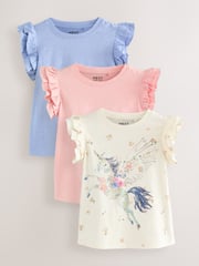 Blue/Pink/Ecru 100% Cotton Unicorn Frill Sleeve T-Shirts 3 Pack (3-16yrs) - Image 1 of 6