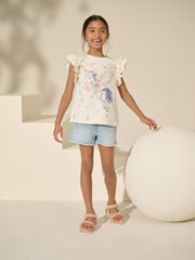 Blue/Pink/Ecru 100% Cotton Unicorn Frill Sleeve T-Shirts 3 Pack (3-16yrs) - Image 2 of 6