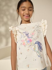Blue/Pink/Ecru 100% Cotton Unicorn Frill Sleeve T-Shirts 3 Pack (3-16yrs) - Image 4 of 6