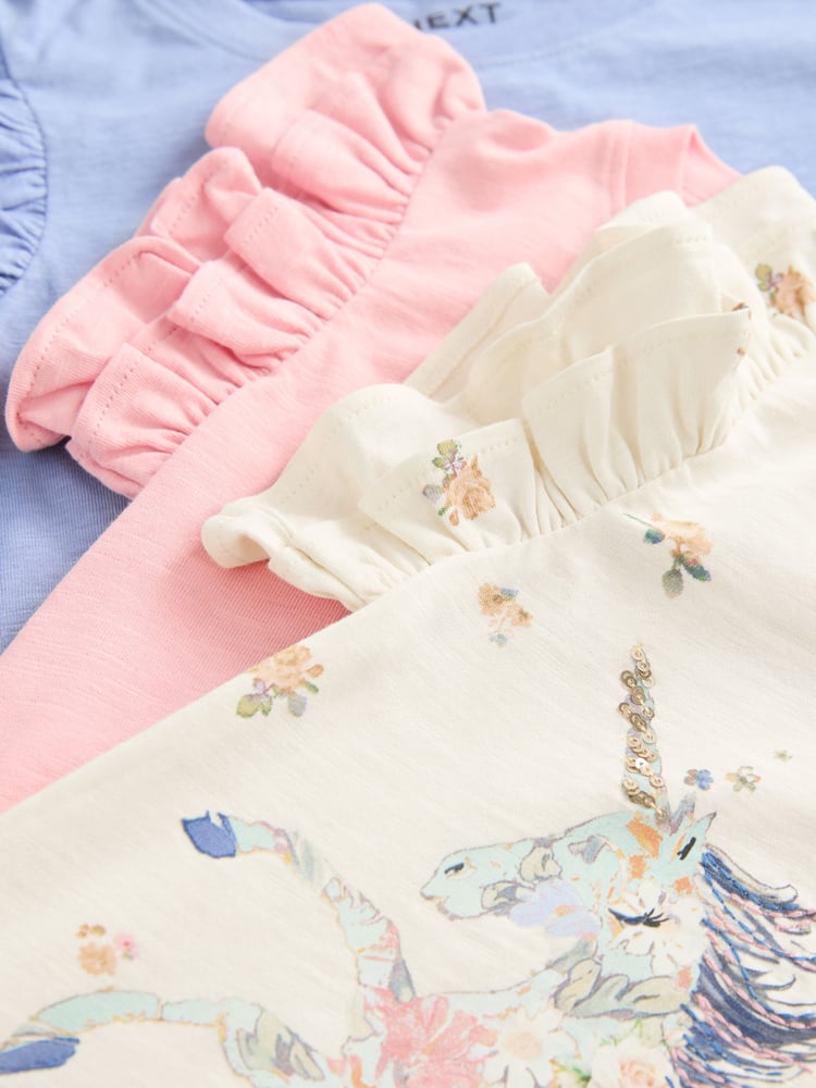 Blue/Pink/Ecru 100% Cotton Unicorn Frill Sleeve T-Shirts 3 Pack (3-16yrs) - Image 6 of 6