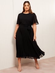 Friends Like These Black Curve Pleated Chiffon Flutter Sleeve Midi Dress - Image 1 of 4