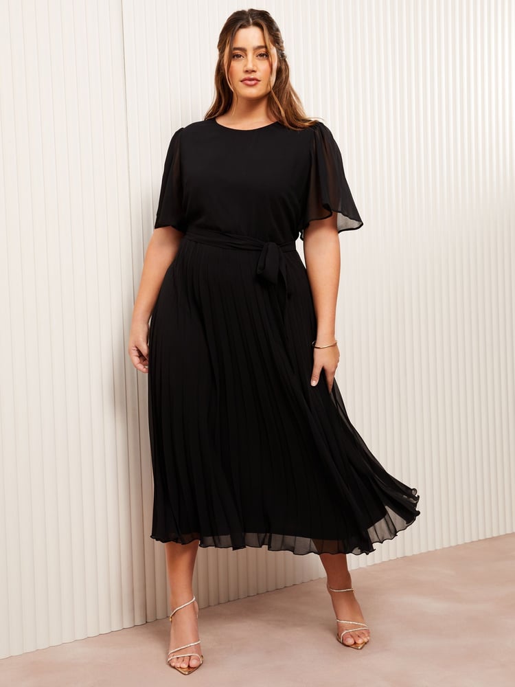Friends Like These Black Curve Pleated Chiffon Flutter Sleeve Midi Dress - Image 1 of 4