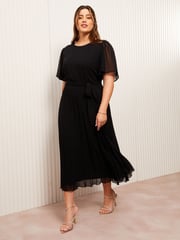 Friends Like These Black Curve Pleated Chiffon Flutter Sleeve Midi Dress - Image 2 of 4