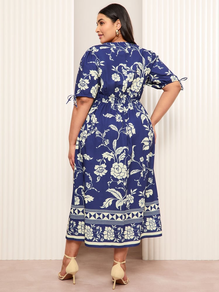 Friends Like These Black/White Curve Satin Printed Midi Dress - Image 2 of 5
