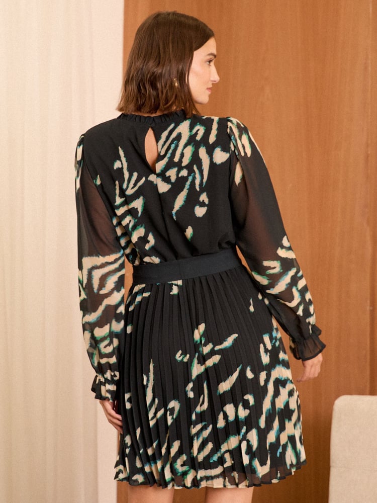 Love & Roses Black Animal Printed V-Neck Tie Belt Long Sleeve Mini Dress - Image 4 of 4