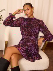 Love & Roses Animal Petite Printed V-Neck Tie Belt Long Sleeve Mini Dress - Image 1 of 4