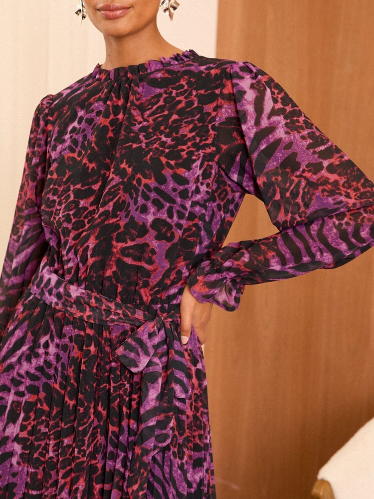 Love & Roses Animal Petite Printed V-Neck Tie Belt Long Sleeve Mini Dress - Image 2 of 4 Love & Roses Animal Petite Printed V-Neck Tie Belt Long Sleeve Mini Dress - Image 2 of 4