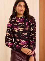 Love & Roses Black Printed Jersey Pleated Long Sleeve Blouse - Image 1 of 4