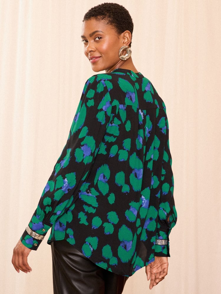 Love & Roses Green Animal Sequin Trim V-Neck Long Sleeve Blouse - Image 2 of 4 Love & Roses Green Animal Sequin Trim V-Neck Long Sleeve Blouse - Image 2 of 4