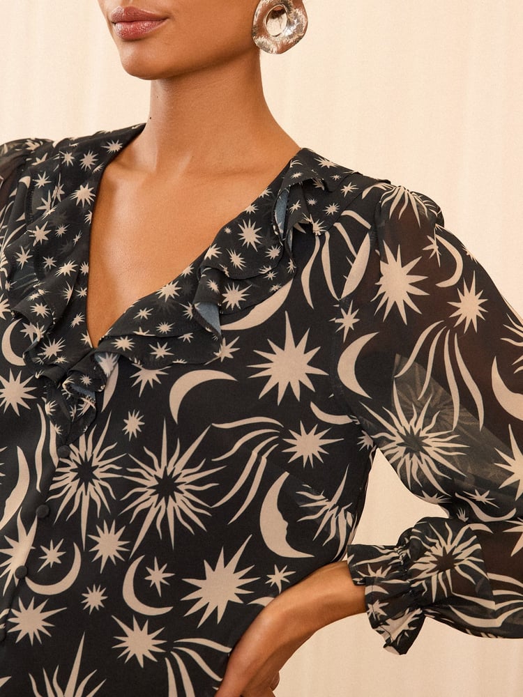 Love & Roses Black Star Ruffle Detail V-Neck Long Sleeve Blouse - Image 2 of 4 Love & Roses Black Star Ruffle Detail V-Neck Long Sleeve Blouse - Image 2 of 4