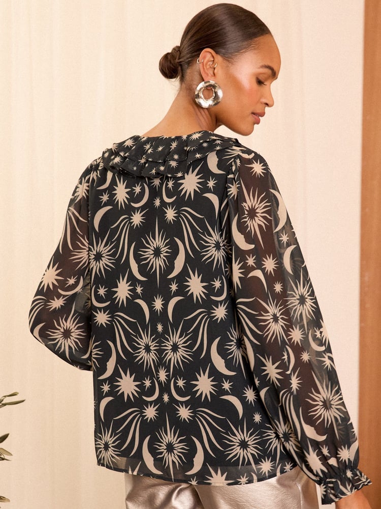 Love & Roses Black Star Ruffle Detail V-Neck Long Sleeve Blouse - Image 4 of 4