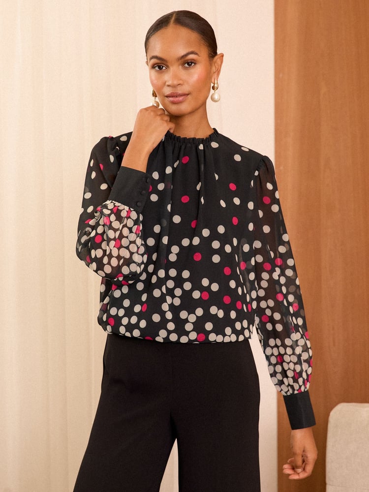 Love & Roses Black Spot Printed High Neck Blouse - Image 1 of 4 Love & Roses Black Spot Printed High Neck Blouse - Image 1 of 4