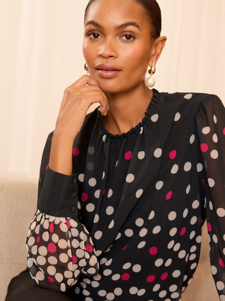 Love & Roses Black Spot Printed High Neck Blouse - Image 2 of 4 Love & Roses Black Spot Printed High Neck Blouse - Image 2 of 4