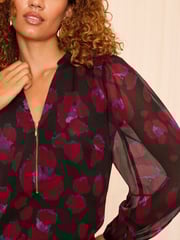 Love & Roses Red Animal Zip Front Mix Sheer Long Sleeve Length Blouse - Image 2 of 4