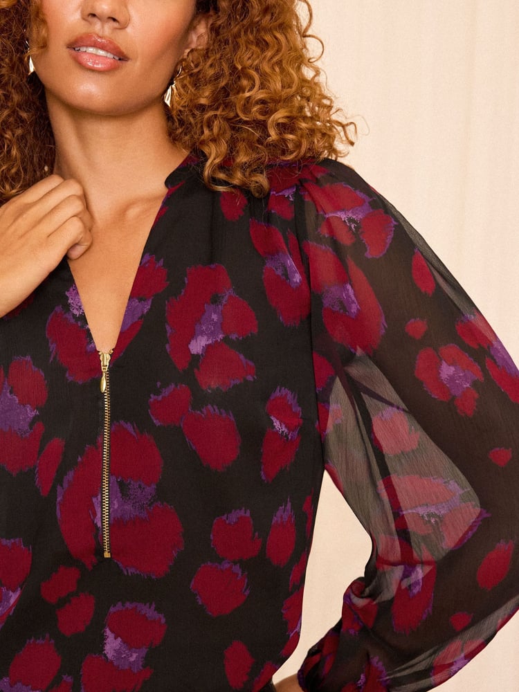 Love & Roses Red Animal Zip Front Mix Sheer Long Sleeve Length Blouse - Image 2 of 4 Love & Roses Red Animal Zip Front Mix Sheer Long Sleeve Length Blouse - Image 2 of 4