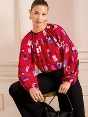 Love & Roses Red Poppy Pintuck Crew Neck Long Sleeve Blouse - Image 1 of 4