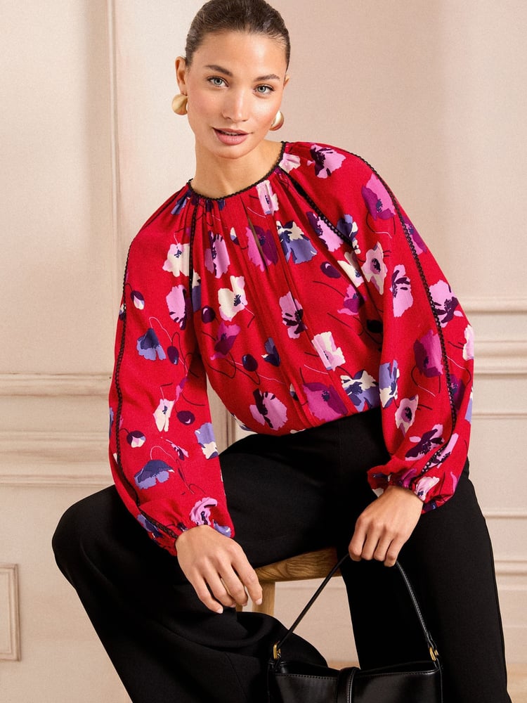 Love & Roses Red Poppy Pintuck Crew Neck Long Sleeve Blouse - Image 1 of 4