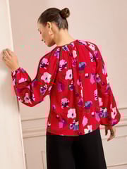 Love & Roses Red Poppy Pintuck Crew Neck Long Sleeve Blouse - Image 4 of 4