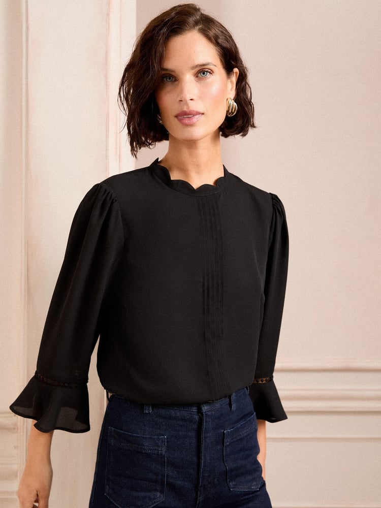 Love & Roses Black Petite 3/4 Flute Sleeve Blouse - Image 1 of 4