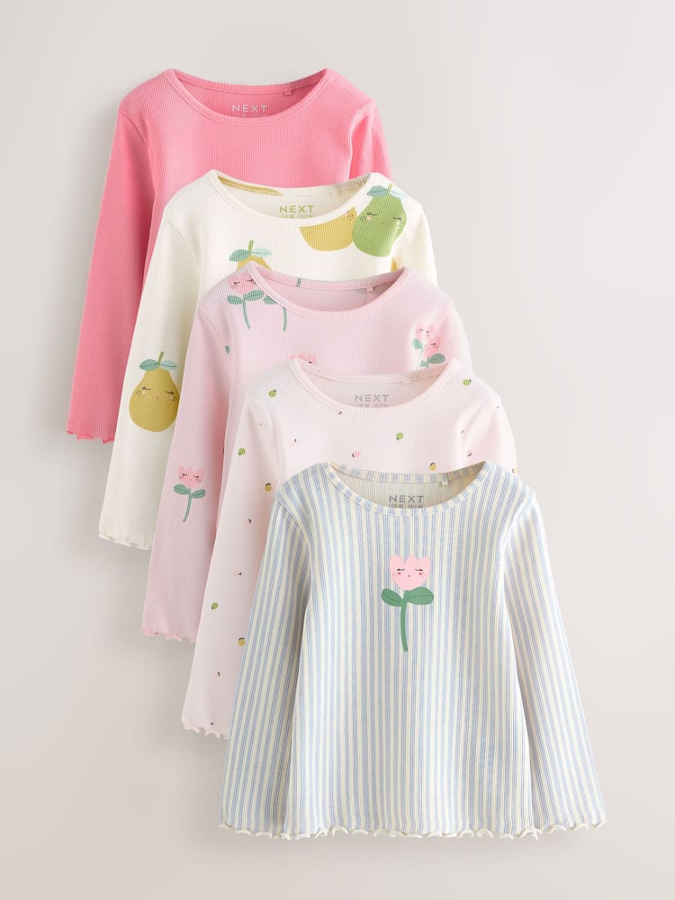 Light Pink Ribbed Long Sleeve Tops 5 Pack (3mths-7yrs) - Image 1 of 4