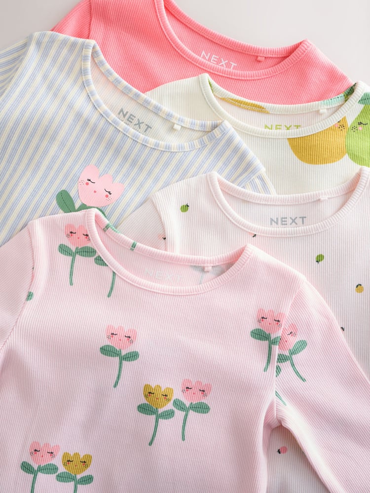 Light Pink Ribbed Long Sleeve Tops 5 Pack (3mths-7yrs) - Image 2 of 4