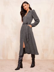 Friends Like These Grey Cosy Long Sleeve Open Neck Midi Dress - Image 1 of 4