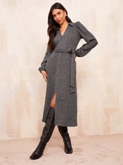 Friends Like These Grey Cosy Long Sleeve Open Neck Midi Dress - Image 3 of 4