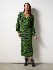 Ro&Zo Green Petite Zebra Print V-Neck Midi Dress - Image 1 of 3