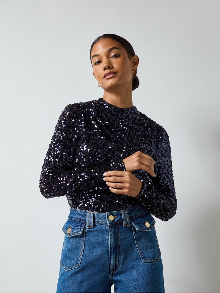 Ro&Zo Navy Blue Sequin High Neck Top - Image 1 of 7