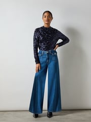 Ro&Zo Navy Blue Sequin High Neck Top - Image 3 of 7