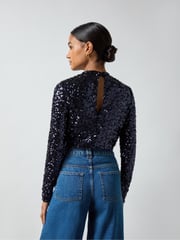 Ro&Zo Navy Blue Sequin High Neck Top - Image 4 of 7