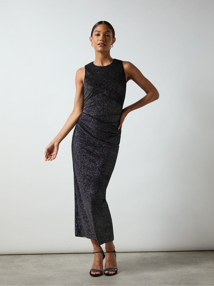 Ro&Zo Black Petite Gabriela Sparkle Velvet Column Midi Dress - Image 1 of 5
