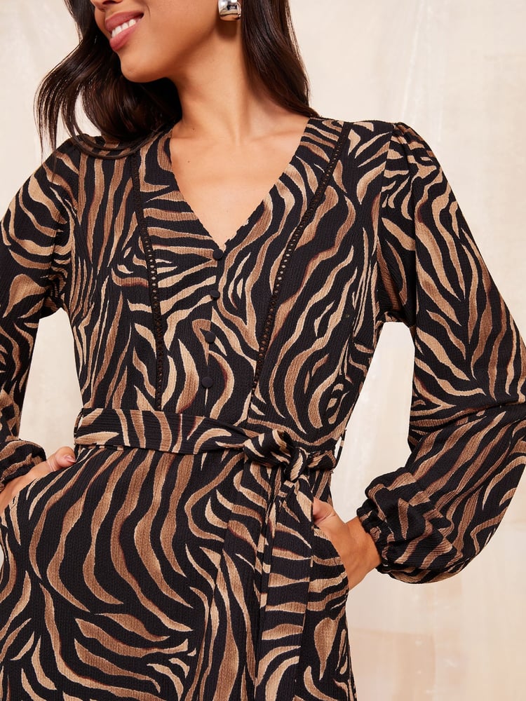 Friends Like These Brown Animal Petite Ladder Trim Textured Mini Dress - Image 2 of 4