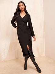 Friends Like These Black Petite Ladder Trim Textured Midi Dress - Image 1 of 4