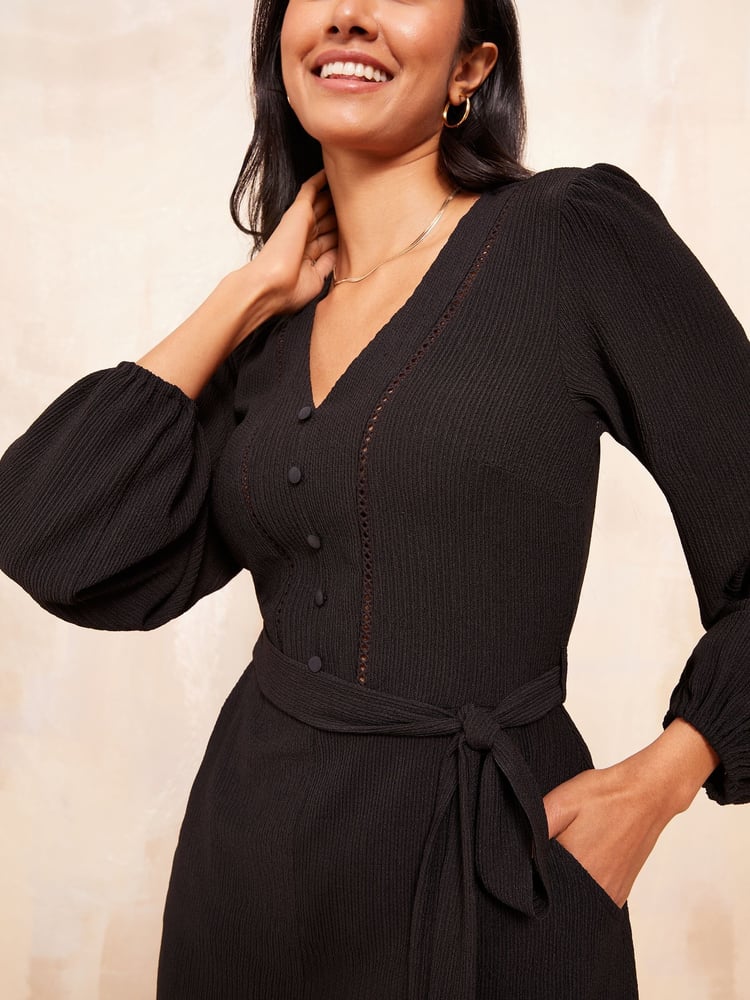 Friends Like These Black Petite Ladder Trim Textured Midi Dress - Image 2 of 4