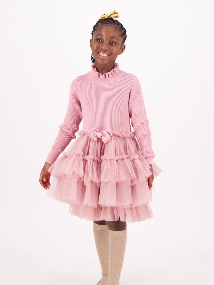 Angels Face Pink 100% Cotton Elin Long Sleeve Knit With Tulle Dress - Image 2 of 5